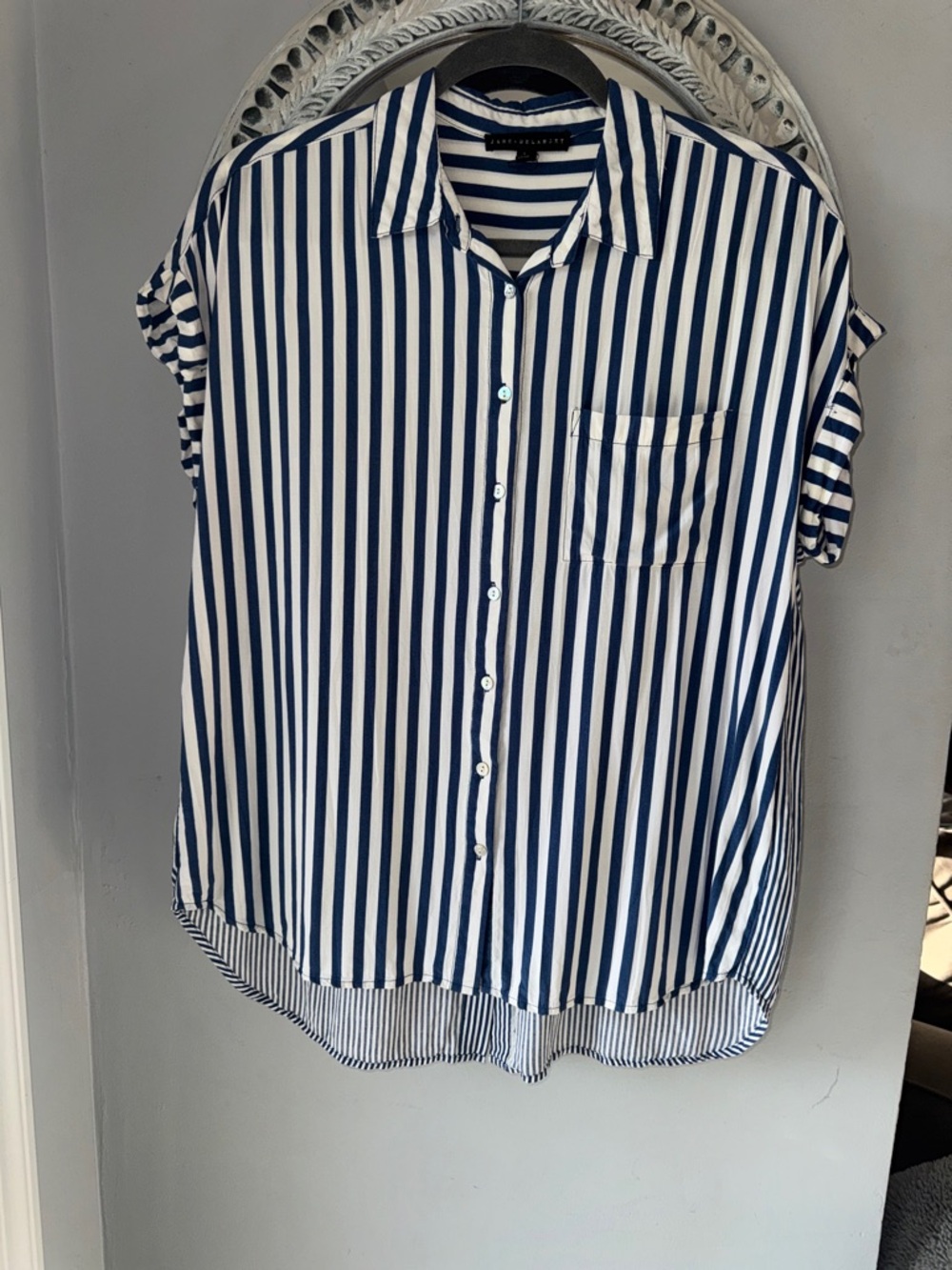 Jane and Delancey Navy and White Vertical Stripe Short Sleeve Blouse